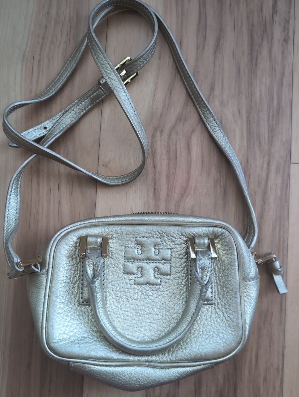Tory Burch Metallic Gold Pebbled Leather Mini Crossbody With Handle